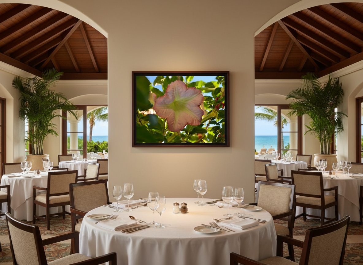 Restaurante de playa con arte floral tropical